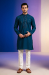 Men’s Teal Blue Rayon Embroidered Kurta Pant with Mirror Work – Festive Ethnic Wear
