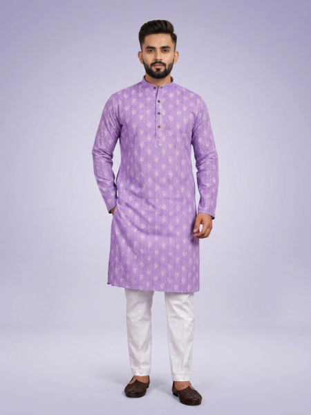 Men's Traditional Lavender Printed Kurta - Ethnic Wear for Weddings & Festivals