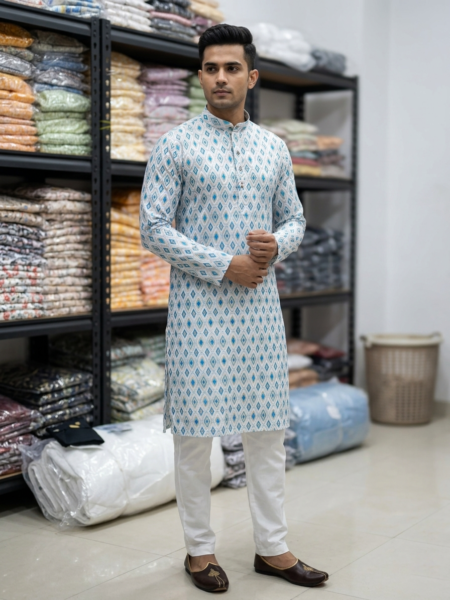 Men's Traditional Sky Blue Geometric Print Kurta | Ethnic Kurta for Men