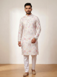 Men's White & Pink Floral Festive Kurta by Shubhaarambh Kurta