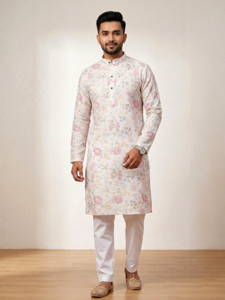 Men's White & Pink Floral Festive Kurta by Shubhaarambh Kurta
