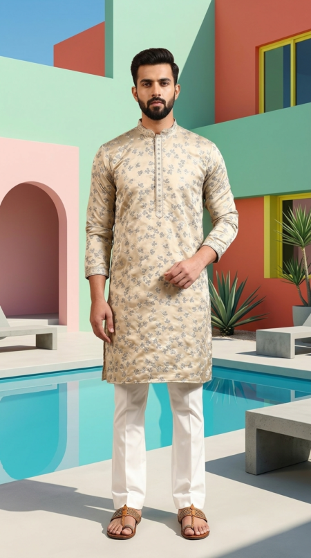 Men’s beige Floral Silk Kurta With Pant