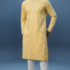 Men's bright yellow festive kurta featuring intricate mirror embroidery and mandarin collar, perfect for Haldi ceremony (1)