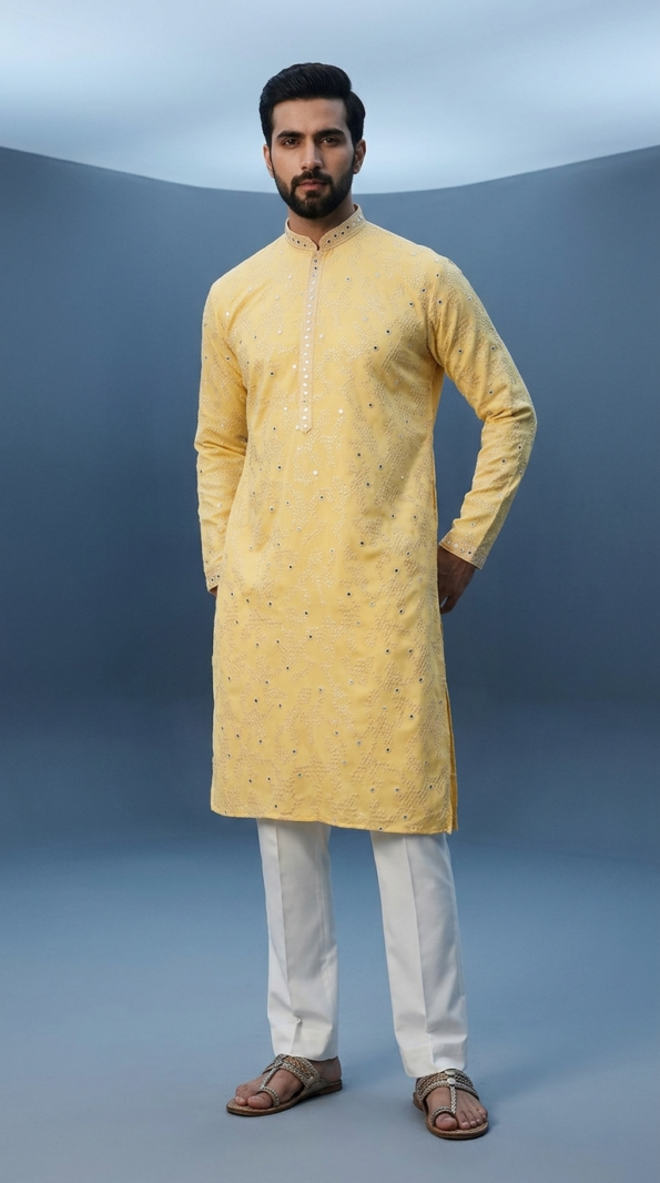 Men's bright yellow festive kurta featuring intricate mirror embroidery and mandarin collar, perfect for Haldi ceremony (1)