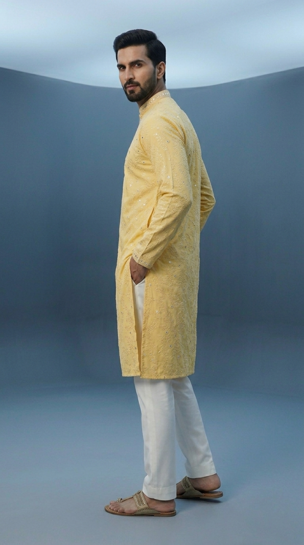 Men's bright yellow festive kurta featuring intricate mirror embroidery and mandarin collar, perfect for Haldi ceremony (1)