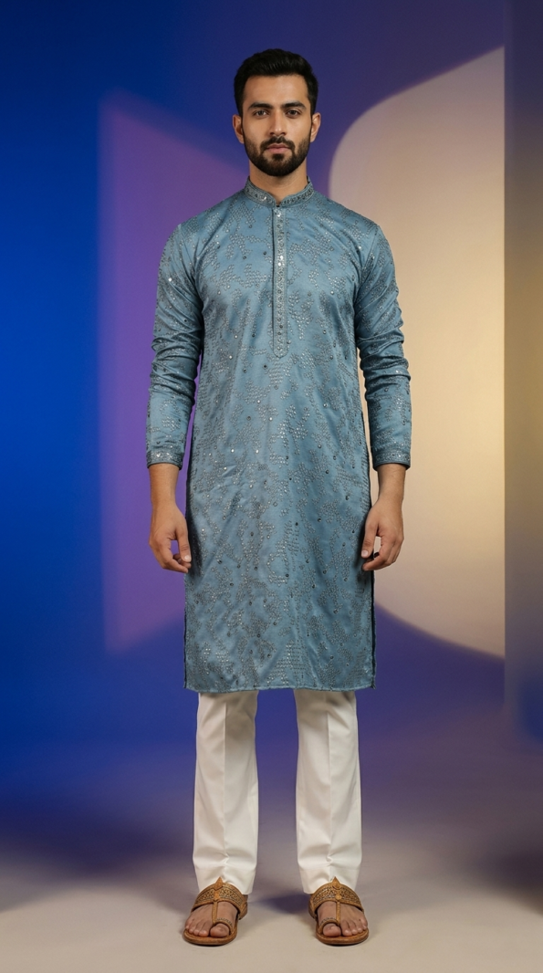 Men's dusty blue Lucknowi Chikankari kurta with intricate embroidery and mirror work, paired with white trousers and tan sandals (1)