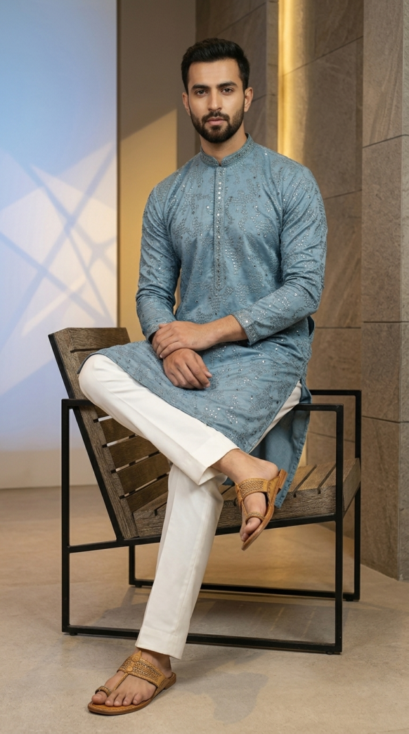 Men's dusty blue Lucknowi Chikankari kurta with intricate embroidery and mirror work, paired with white trousers and tan sandals (1)