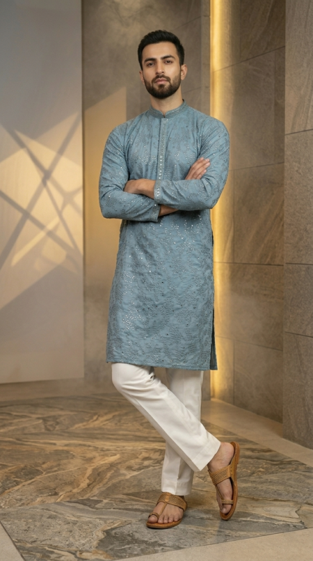 Men's dusty blue Lucknowi Chikankari kurta with intricate embroidery and mirror work, paired with white trousers and tan sandals (1)