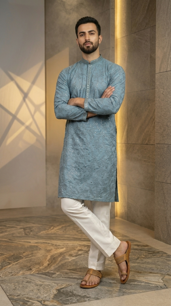 Men's dusty blue Lucknowi Chikankari kurta with intricate embroidery and mirror work, paired with white trousers and tan sandals (1)