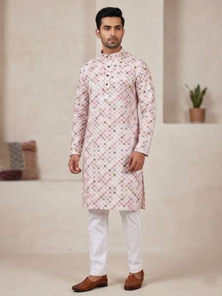 Multi-Colored geometric pattern Men's kurta for festive occasions.