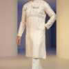 Off-white silk men's kurta with detailed elephant embroidery, straight-cut pajama, and sandals (1)