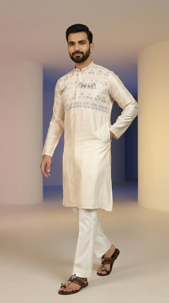 Off-white silk men's kurta with detailed elephant embroidery, straight-cut pajama, and sandals (1)