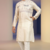 Off-white silk men's kurta with detailed elephant embroidery, straight-cut pajama, and sandals (1)