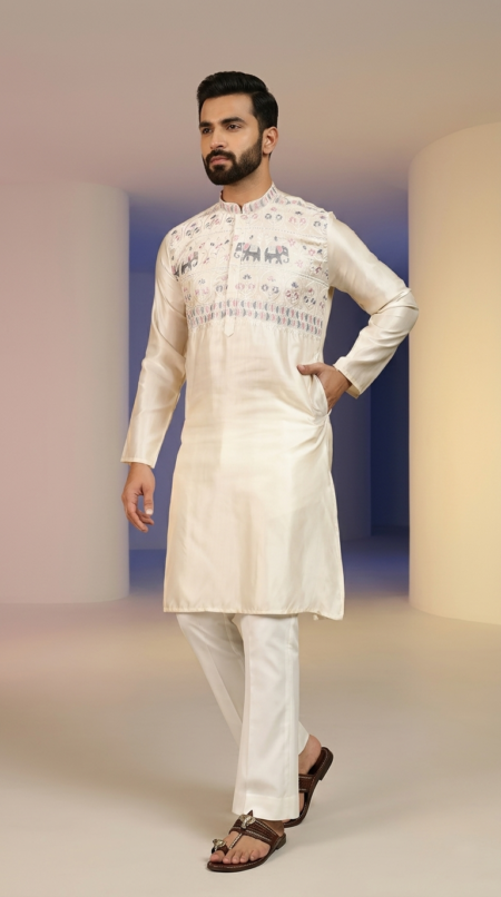 Off-white silk men's kurta with detailed elephant embroidery, straight-cut pajama, and sandals (1)