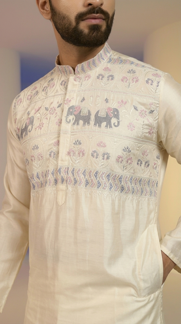 Off-white silk men's kurta with detailed elephant embroidery, straight-cut pajama, and sandals (1)