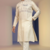 Off-white silk men's kurta with detailed elephant embroidery, straight-cut pajama, and sandals (1)