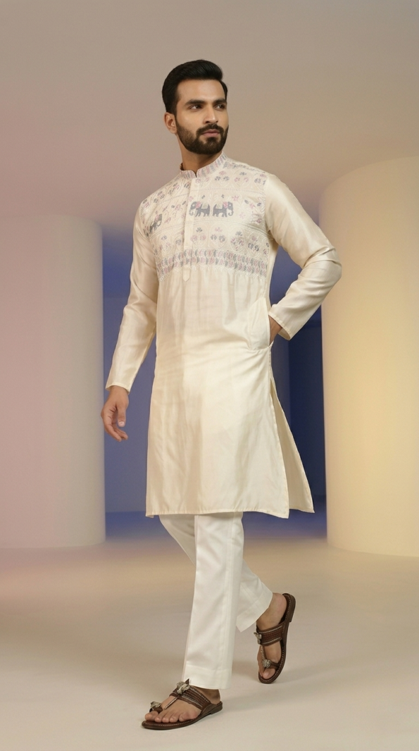 Off-white silk men's kurta with detailed elephant embroidery, straight-cut pajama, and sandals (1)