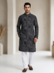 Premium Black Ethnic Motif Printed Kurta for Men | Slim Fit Long Kurta