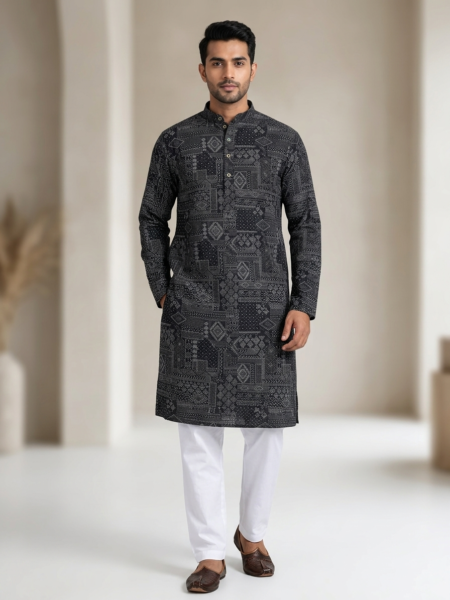 Premium Black Ethnic Motif Printed Kurta for Men | Slim Fit Long Kurta
