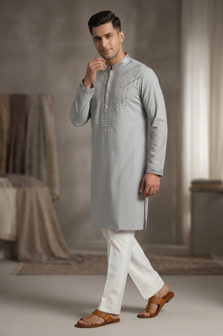 Premium Grey Embroidered Men's Ethnic Kurta Pant – Wedding & Occasion Wear