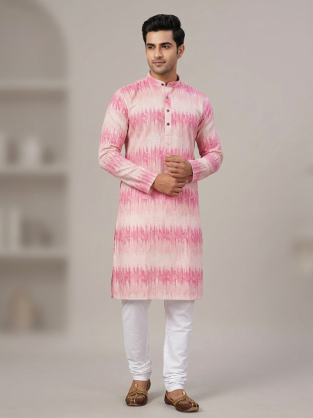 Premium Men’s Pink Cotton Kurta with Ethnic Print and Mandarin Collar – Festive & Casual Wear