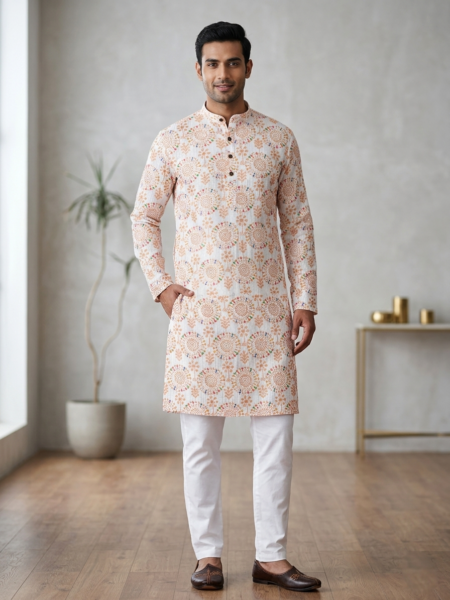 Men's Designer White Folk Art Print Kurta - Cotton Blend Ethnic Wear