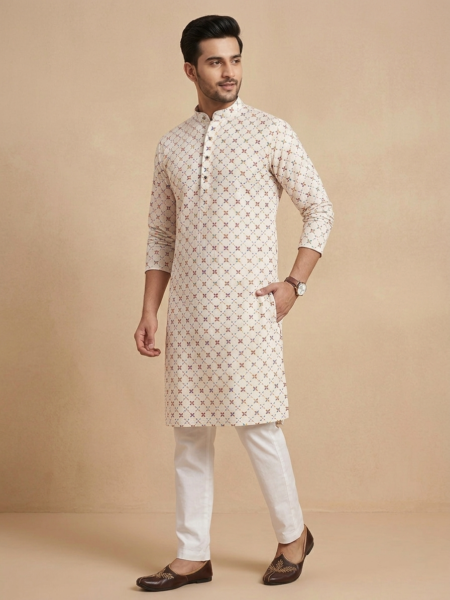 Premium White Printed Long Kurta for Men | Festive Wear Kurta