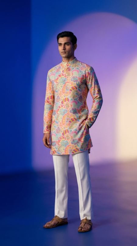 Shubhaarambh Kurta Men's Vibrant Multi-Color Paisley Printed Foil Short Kurta