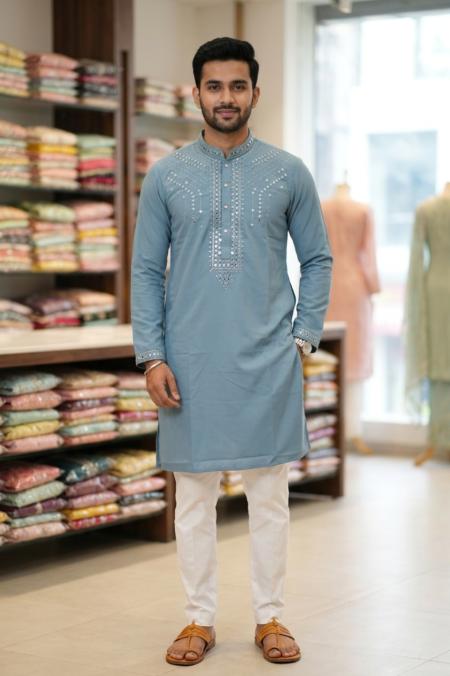 Men's Sky Blue Silk Kurta Pant with Mirror Work - Ethnic Wear for Weddings & Festivals