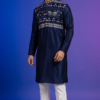 Stylish navy blue men's kurta with elephant print and mandarin collar (1)