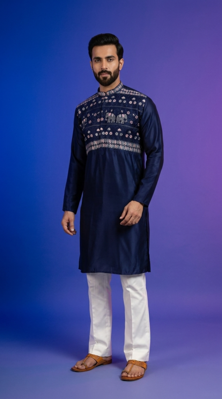 Stylish navy blue men's kurta with elephant print and mandarin collar (1)