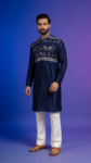 Stylish navy blue men's kurta with elephant print and mandarin collar (1)