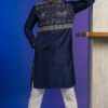 Stylish navy blue men's kurta with elephant print and mandarin collar (1)