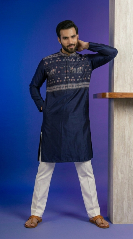 Stylish navy blue men's kurta with elephant print and mandarin collar (1)