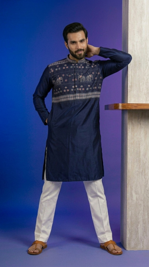 Stylish navy blue men's kurta with elephant print and mandarin collar (1)