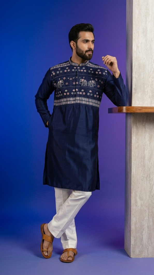 Stylish navy blue men's kurta with elephant print and mandarin collar (1)