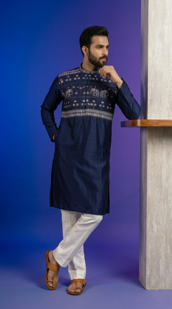 Stylish navy blue men's kurta with elephant print and mandarin collar (1)
