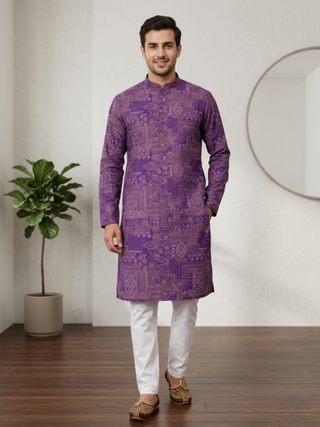 Men's Slim Fit Geometric Pattern Kurta - Purple Traditional Wear for Occasions