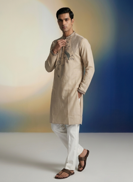 Premium Beige Cotton Silk Kurta Pant for Men with Intricate Thread Embroidery – Elegant Ethnic Wear