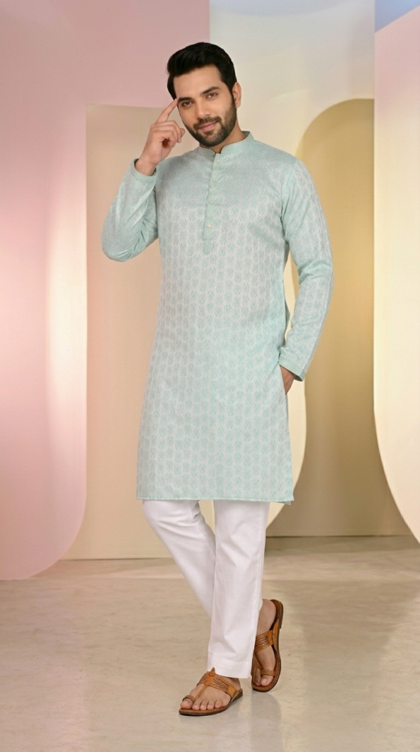 men-sea-green-printed-kurta-white-trousers (1)
