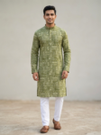 Men's Olive Green Printed Cotton Blend Kurta with Mandarin Collar