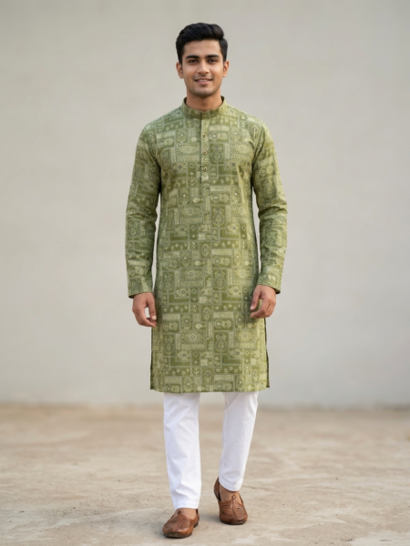 Men's Olive Green Printed Cotton Blend Kurta with Mandarin Collar