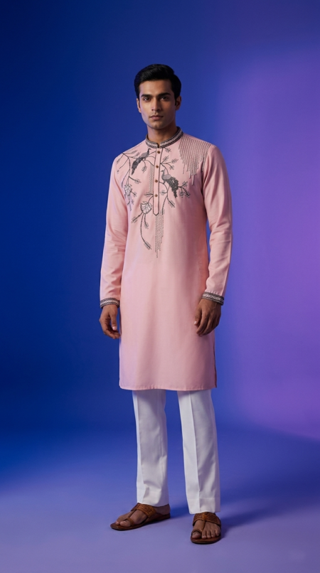 Elegant Peach Pink Embroidered Kurta Pant with Peacock Motif – Men's Ethnic Wear