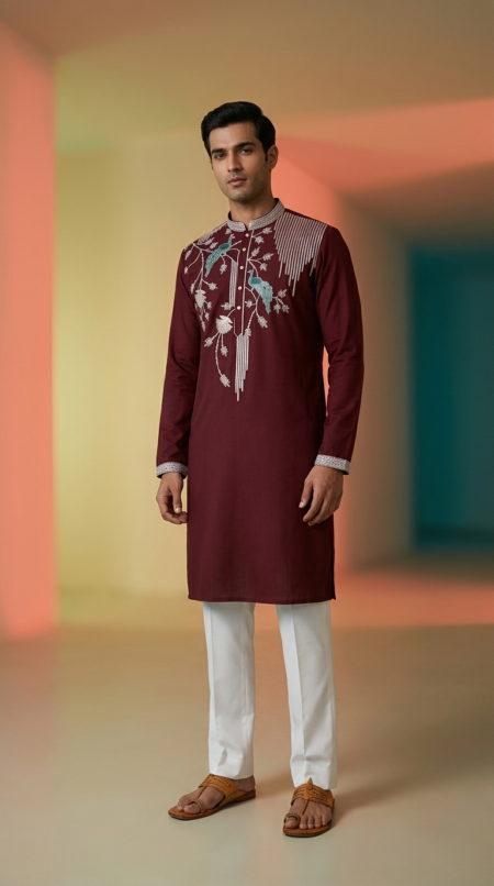 Elegant Wine Maroon Kurta with Peacock Motif and White Trousers Set