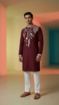 Elegant Wine Maroon Kurta with Peacock Motif and White Trousers Set