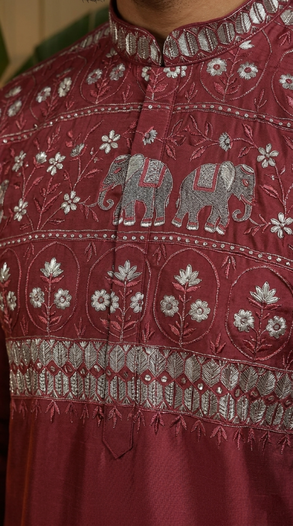 wine-silk-men-kurta-elephant-embroidery (1)